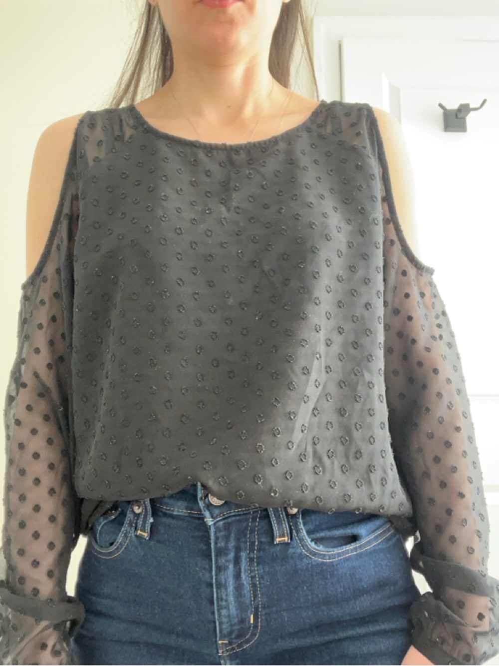 Reitmans Black Cold-Shoulder Dotted Blouse